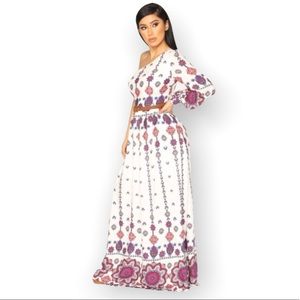 NWT Boutique Floral One Shoulder Belted Maxi Boho White Pink Long Sleeve Dress M